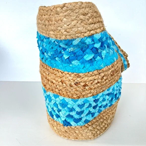 CHICO’S Beige Woven Jute Raffia Turquoise Blue Fabric Beach Travel Shoulder Tote - Picture 6 of 11